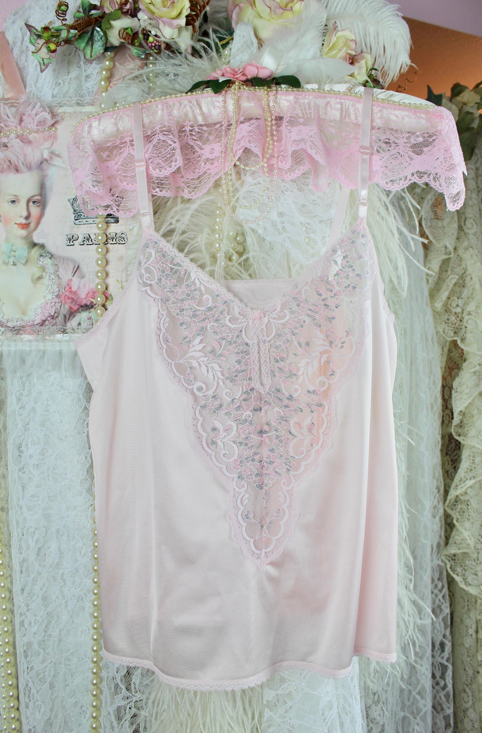 Vintage 70s 80s Vanity Fair Baby Pink Lingerie Cami, Floral Sheer