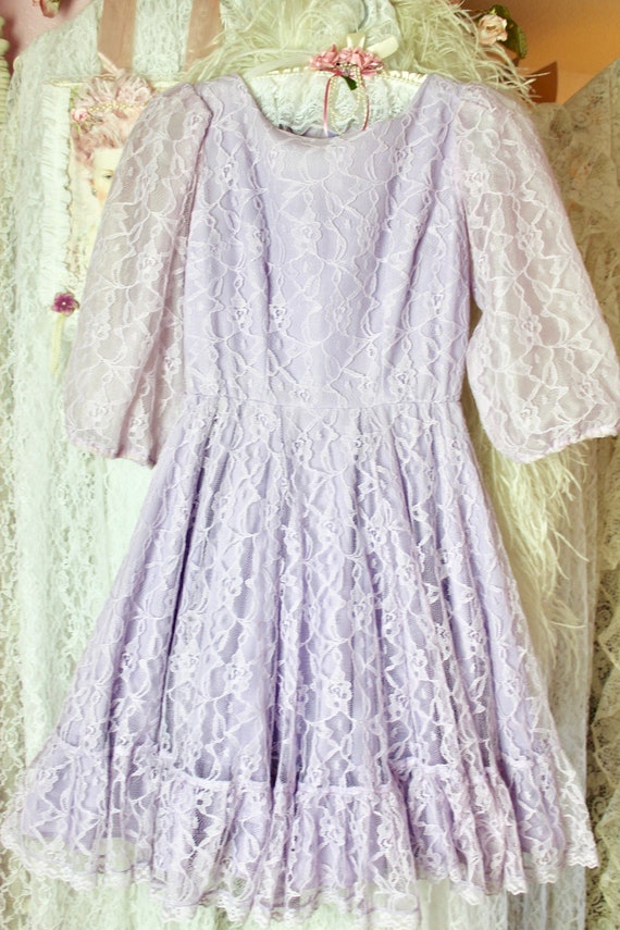 Vintage 60s 70s Lavender Floral Lace Ruffle Dress,