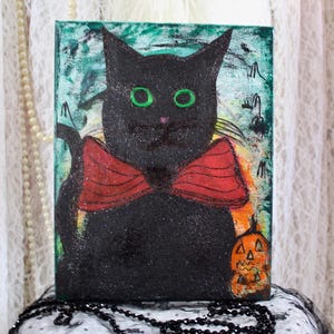 Hand Painted Black Cat on Canvas, Acrylic Original Paintings, Happy Halloween Cats, Canvas Board, Size 11&quot;x 14&quot;