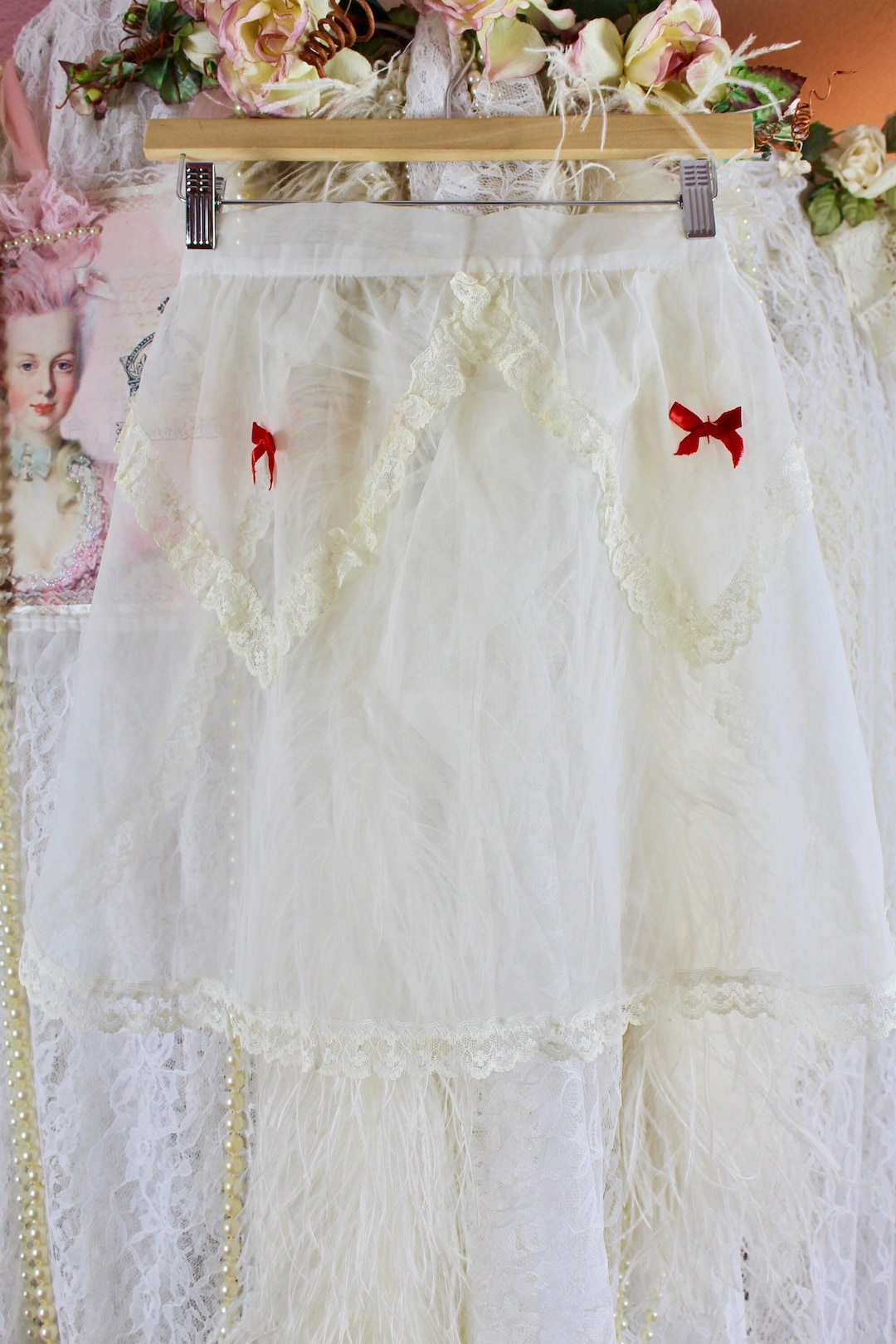 Vintage 60s 70s Sheer Ruffle White Kitchen Apron, Half Aprons, Red Bow ...