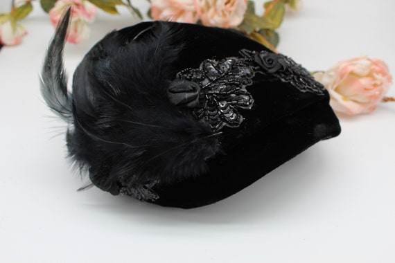 Vintage 50s 60s Fancy Black Velvet Hat, Fascinato… - image 3