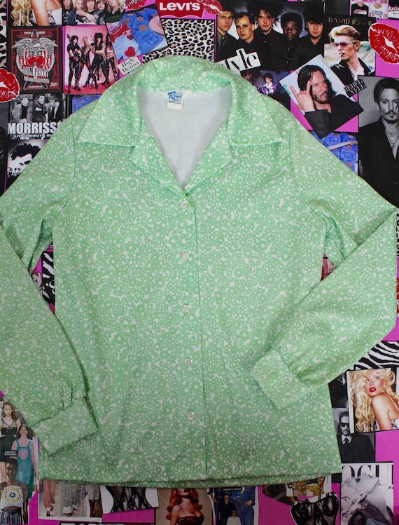 70's Long sleeve Green Floral Shirt - image 2