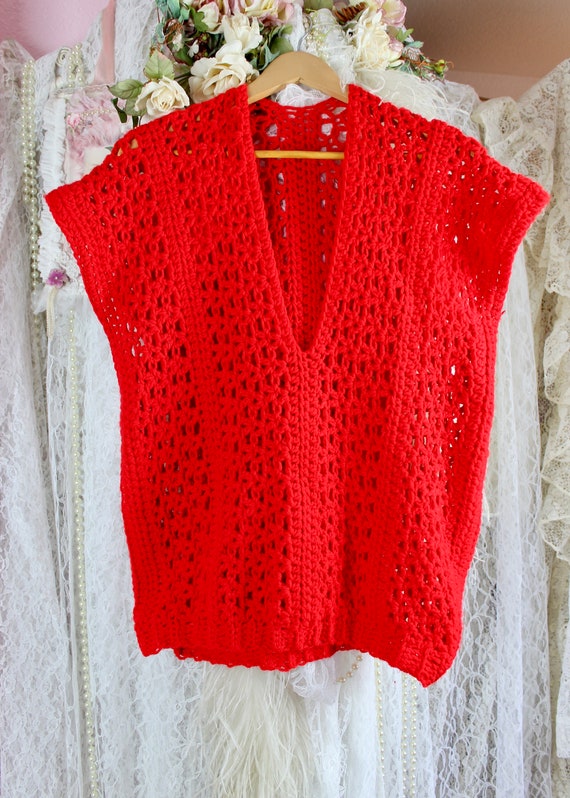 Vintage 90s Red Crochet Sweater Vest, Pullover Cr… - image 2