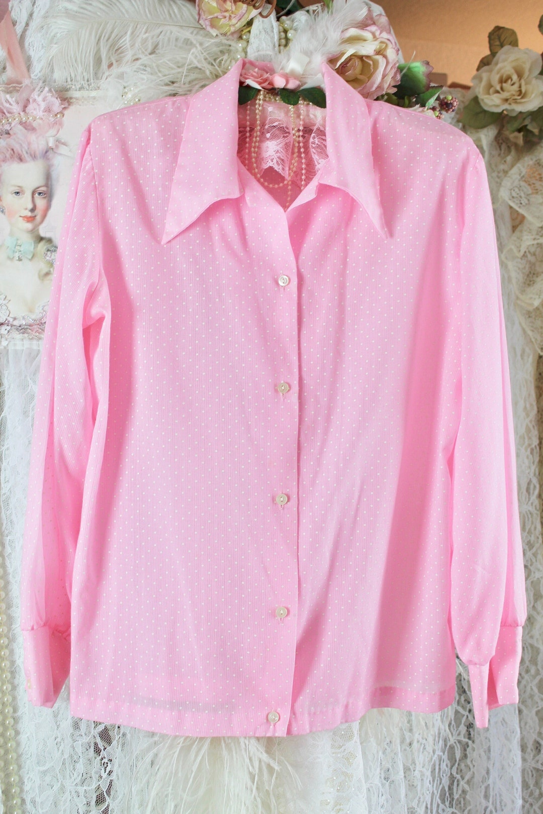 70’s Navy Polka Dot Ruffled Blouse