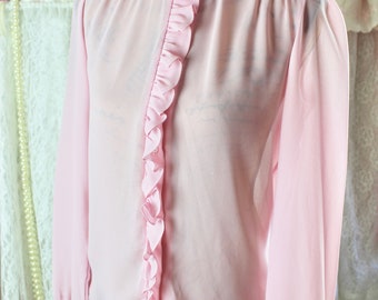 Vintage 70s Sheer Pink Ruffle Blouse, High Neck Ruffle