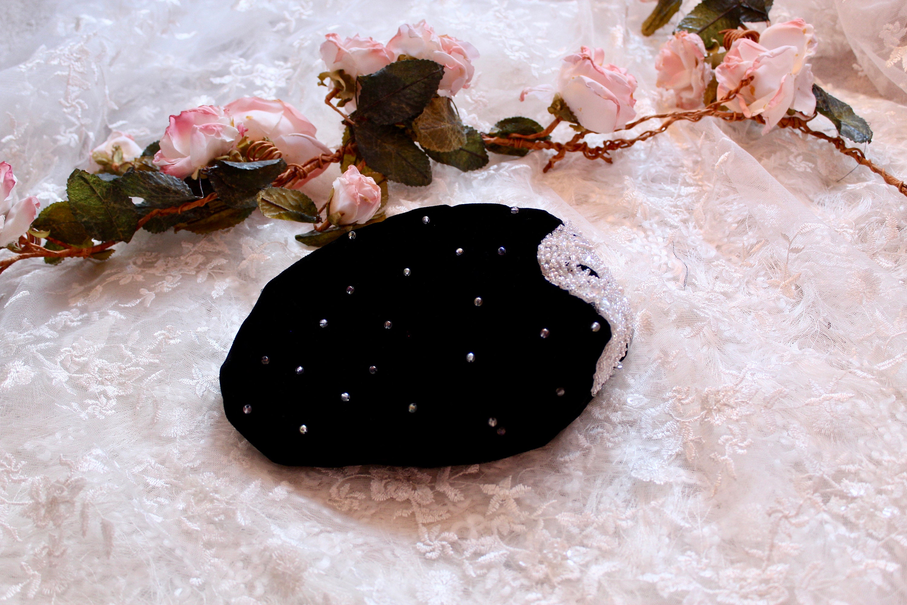 Vintage 1950’s Elegant Black Velvet Beaded Pillbox-styled hat circumference-22” 40s/50s Black VELVET PILLBOX Hat / Vintage 1950 main image 2