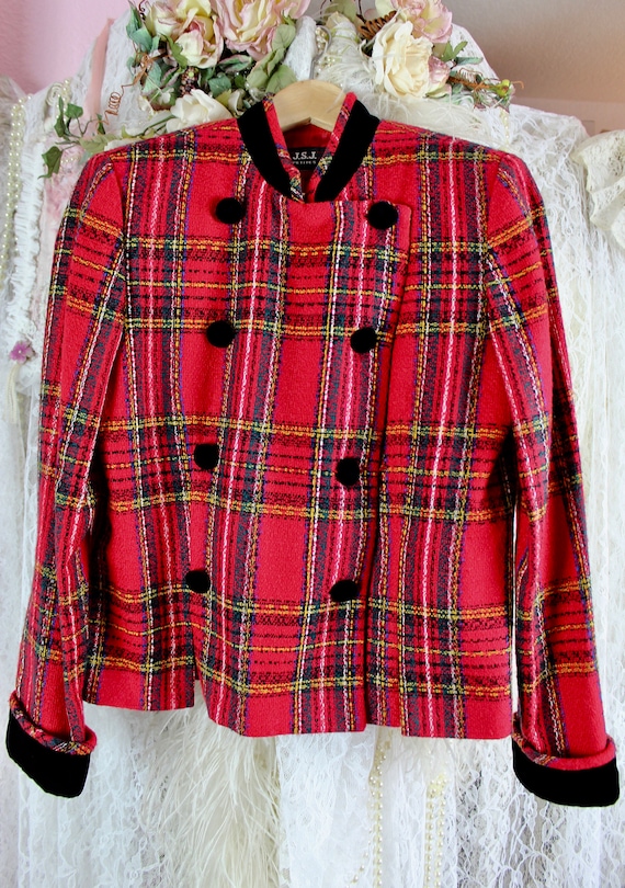 Vintage 90s Red black Blazer Preppy Blazers High Neckline Velvet Trims Padded Shoulders Double Breasted Fitted Fully Lined Size S M Etsy UK