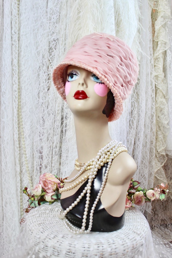 1960s Vintage Deep Pink And White Print Fabric Turban Bubble Hat Vintage 1960s Pink & White Pleated Turban Hat Summer Mod  main image 4