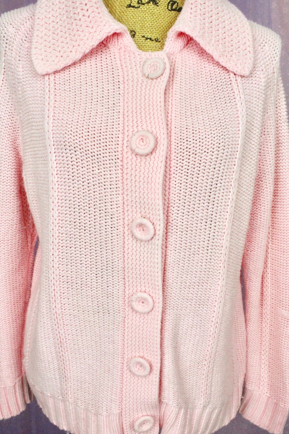 Vintage 70s Pink Knit Sweater, VTG Knit Cardigan,… - image 3