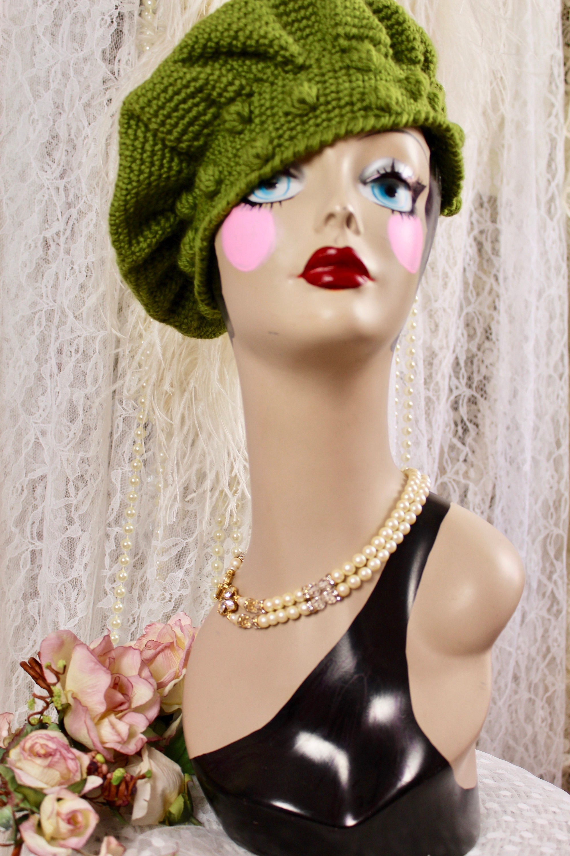 Vintage Tan Wool Beret Bow w/ Pearls Design OS Preppy Retro Girly Patricia Pearl Trim Wool Beret - Cream – The Pretty Hat main image 3