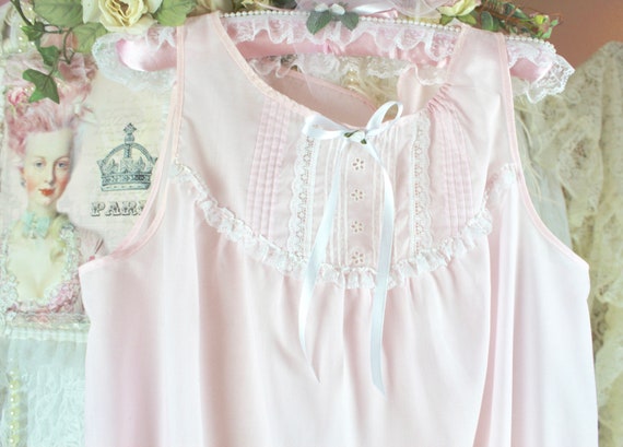 Vintage Baby Pink & White Lace Sleeveless NightGo… - image 3