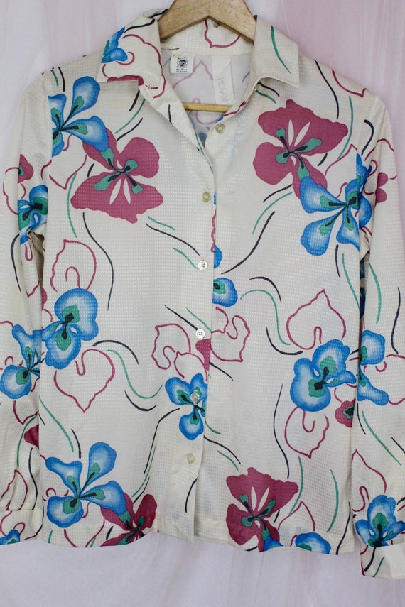 70's Floral Colorful Long Sleeve Blouse - image 2