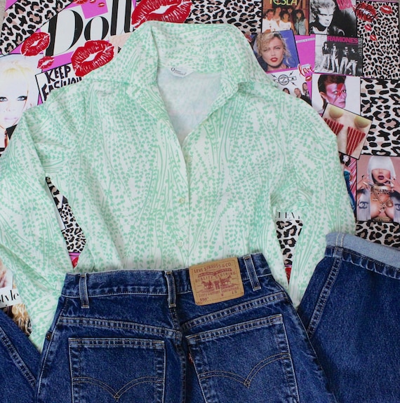 70's ButterFly Collar Green Floral Print Shirt
