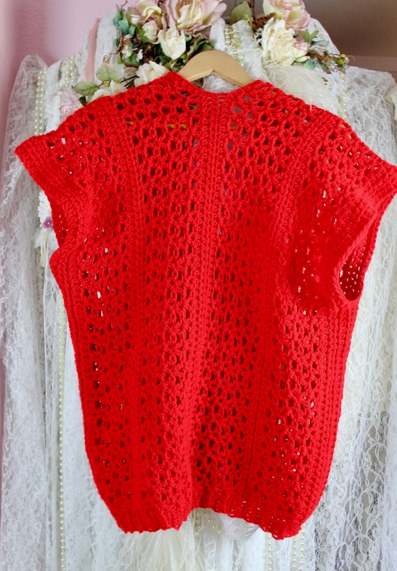 Vintage 90s Red Crochet Sweater Vest, Pullover Cr… - image 6