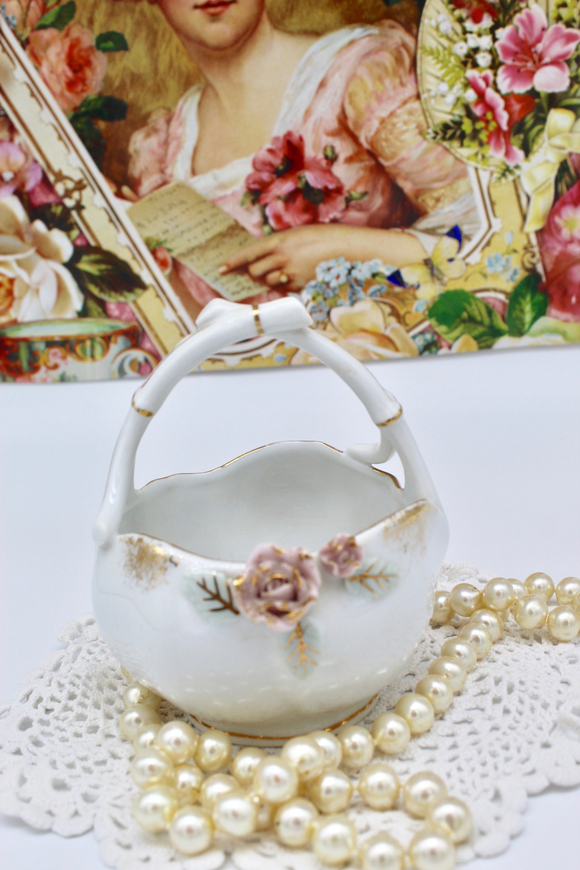アンティークローズバスケット Vintage Mini Floral Ceramic Basket