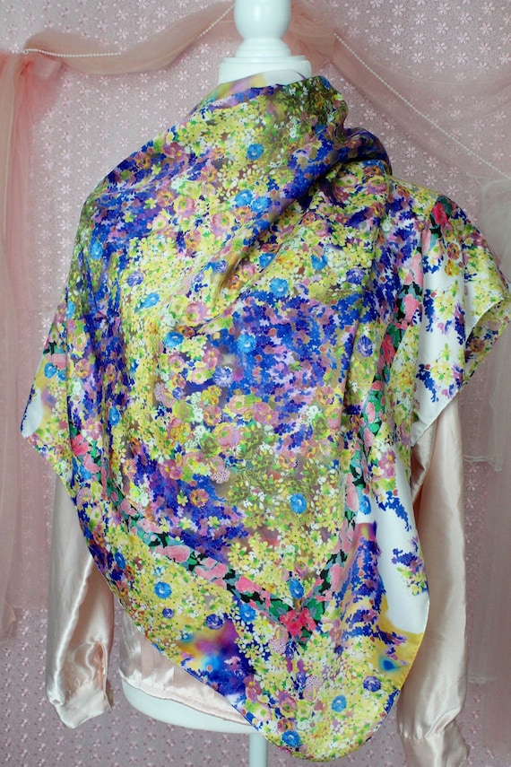 Vintage 70s 80s Italian Colorful Floral Scarf, Cl… - image 1