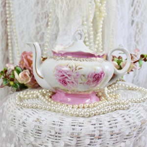 Vintage 60s 70s Lefton Musical Pink Cabbage Rose Teapot, Hand Painted ...