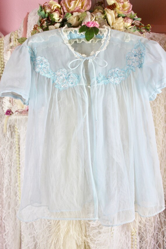 Vintage 60s Lisette Powder Blue Sheer Bed Jacket, 