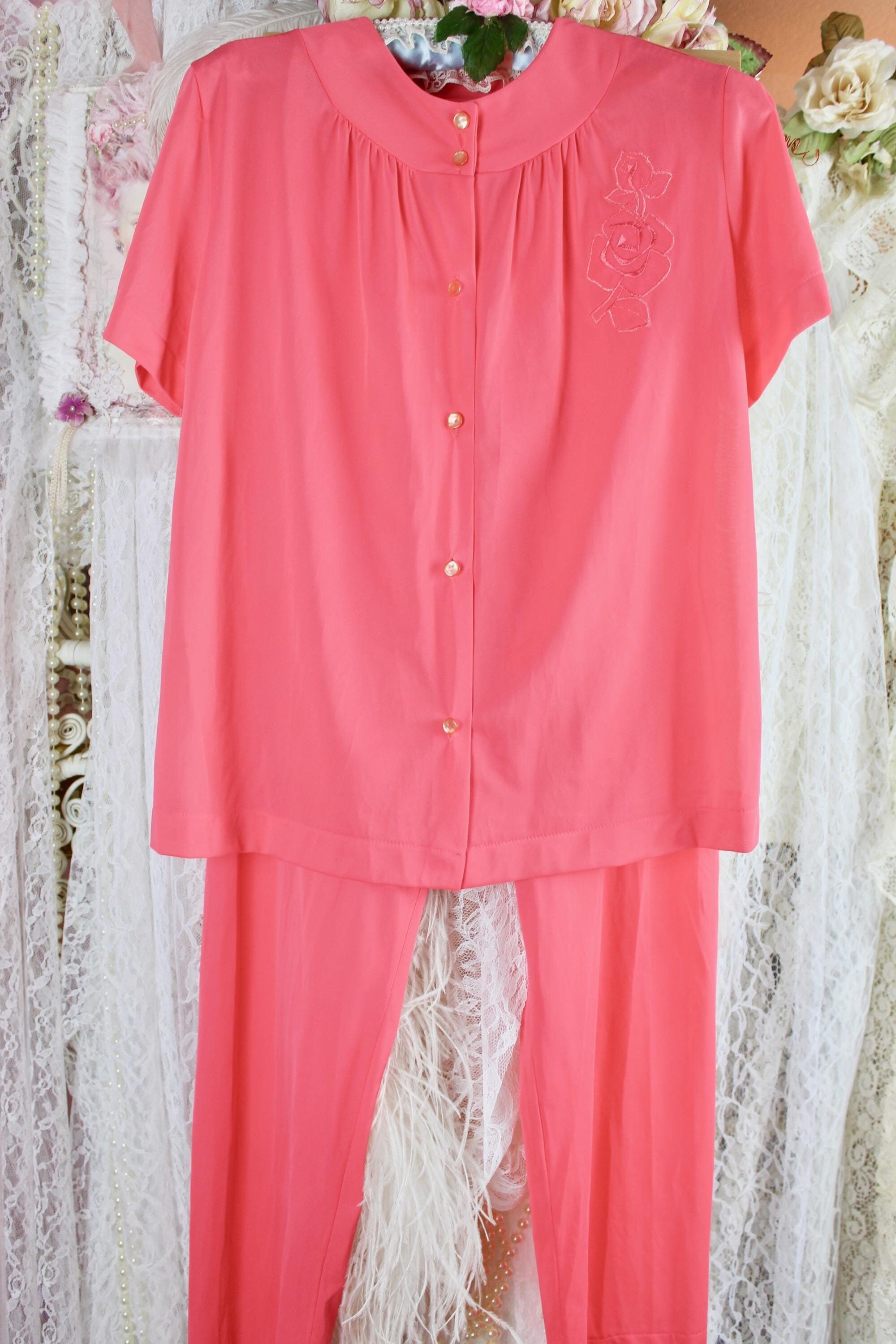 Vintage 50s 60s Gaymode Coral Pink Pajama Set, Short Sleeve Top