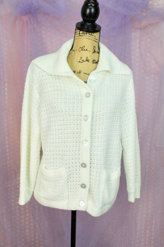 Vintage 60s Creamy Knit Cardigan Sweater, Crochet… - image 2