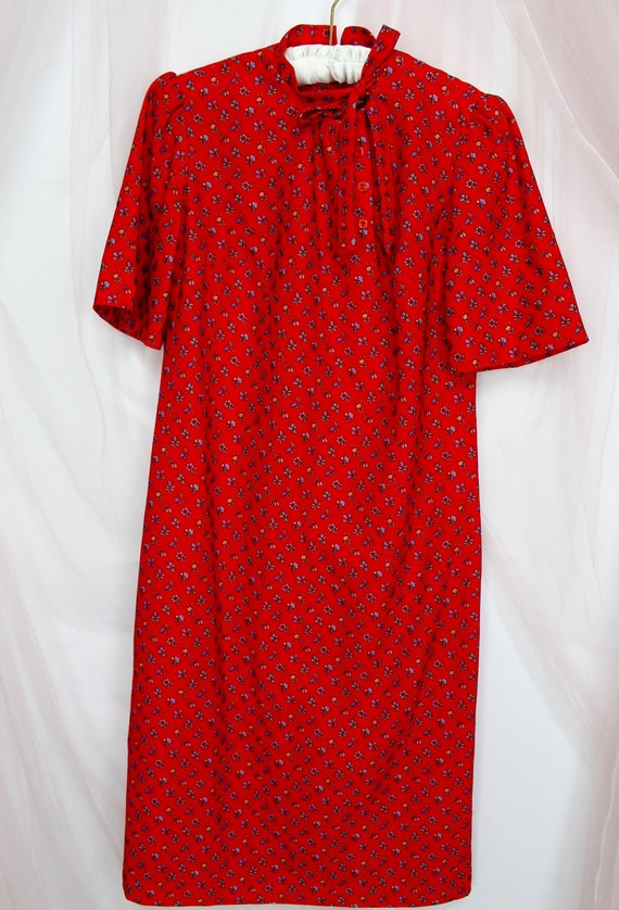 Vintage 70s Red Floral  Print Dress, VTG Women Flo
