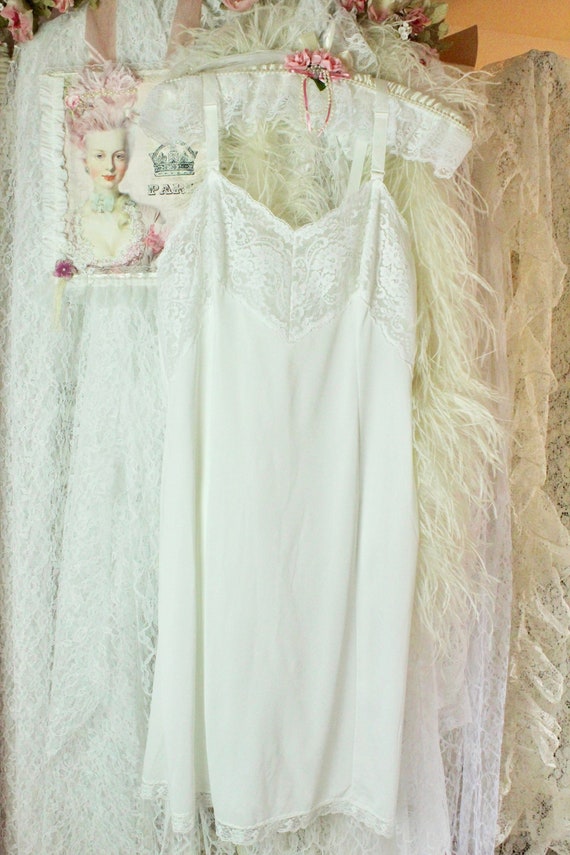 Vintage 70s Wonder Maid Cream Lace Full Slip Dress, Wide Straps