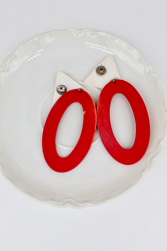 Vintage 80s Geometric Red/White Dangle Earrings, … - image 6