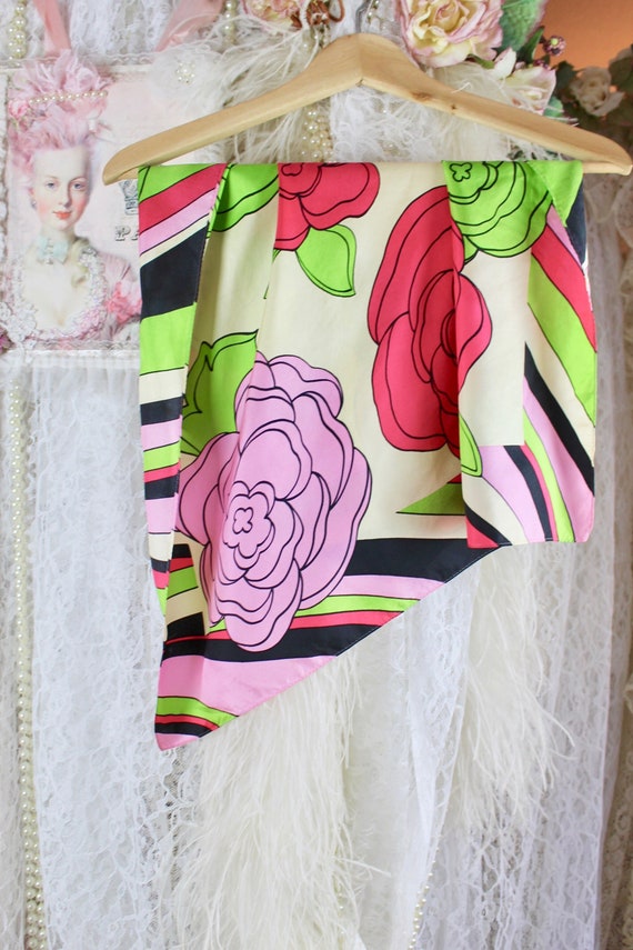 Vintage Small Colorful Rose Scarf, Vibrant Scarf, 