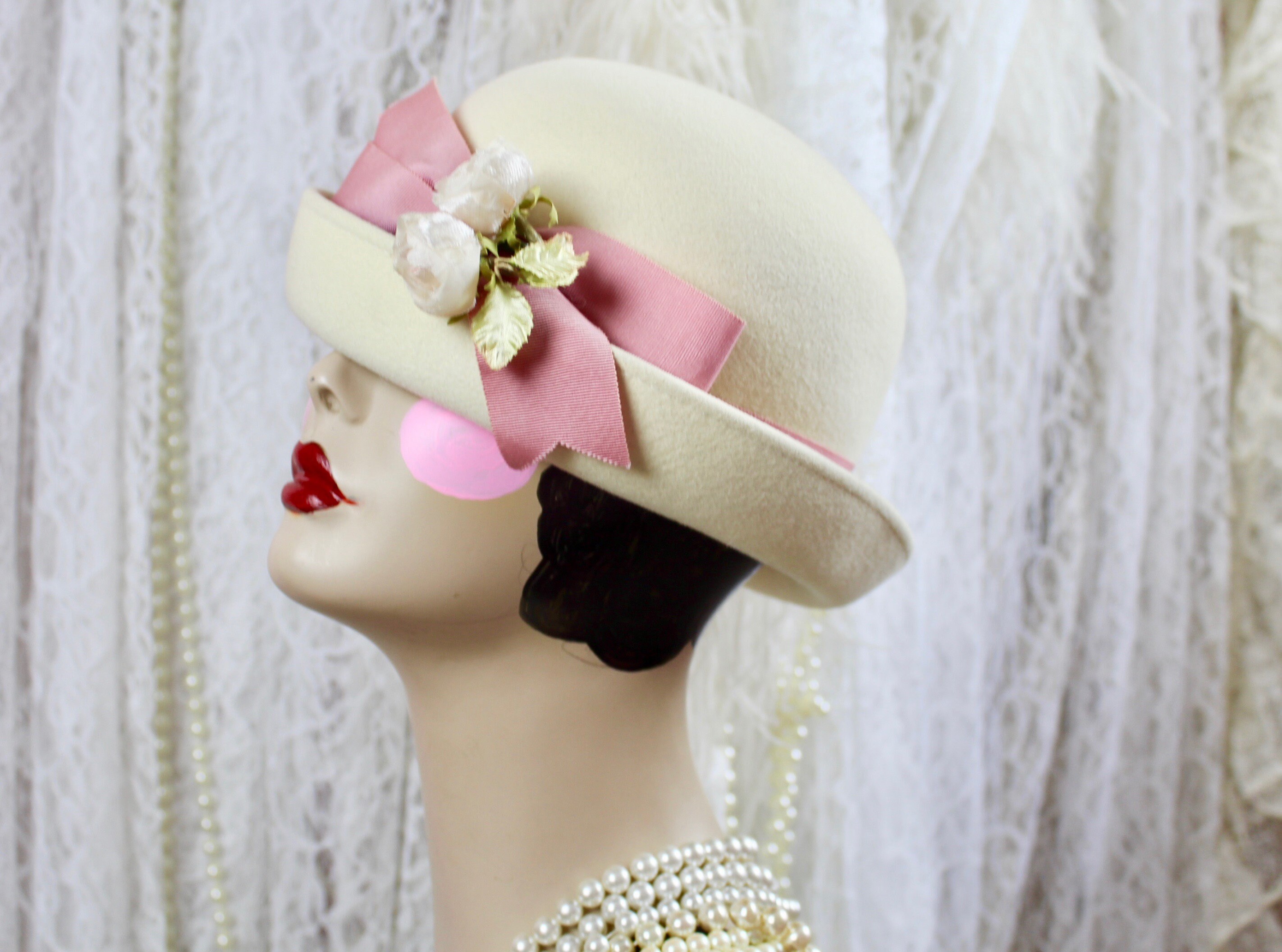 Vintage Kurt Jr. By Tom Hann Pink Wool Hat With Ribbon & Bow Accent Kurt Jr by Tom Hann Hat main image 2