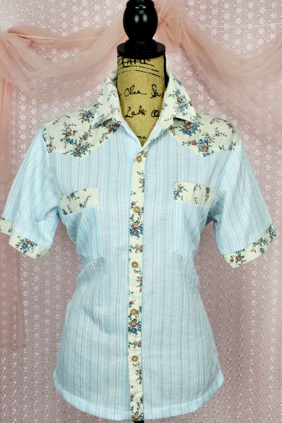 Vintage 70s Unisex Floral Print Shirt, Cute VTG S… - image 4