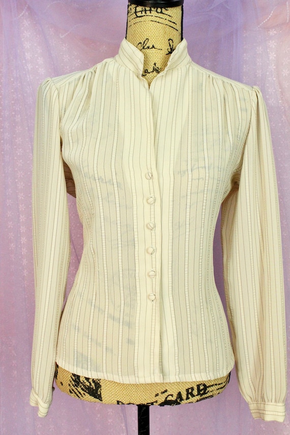 Vintage 70s Sheer Striped Career Blouse, RD. Butto