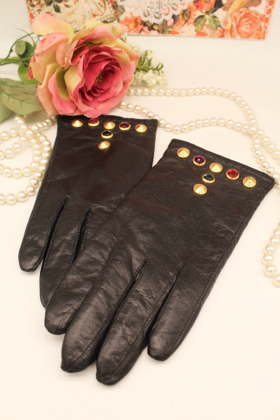 Vintage 90s Black Leather Gloves, Genuine Leather,