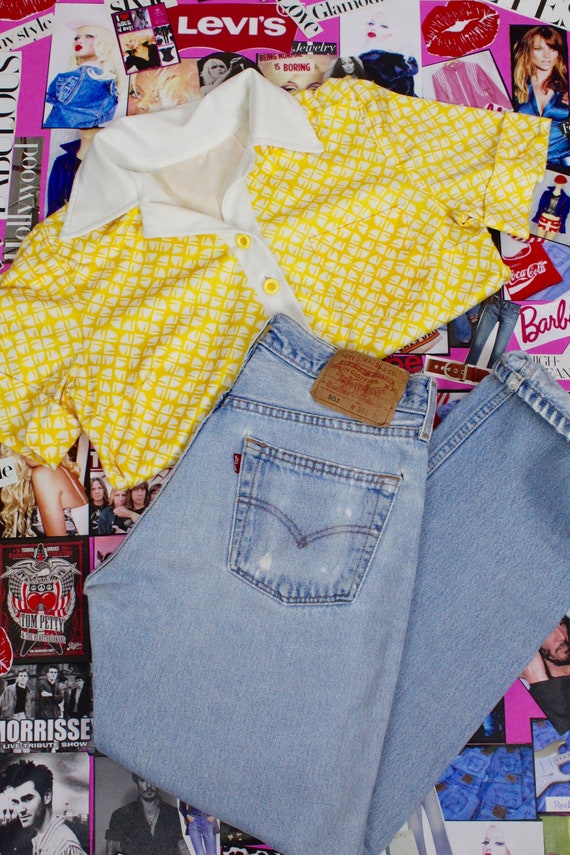 70's Yellow Design Shirt, Preppy Tops, Vintage Top