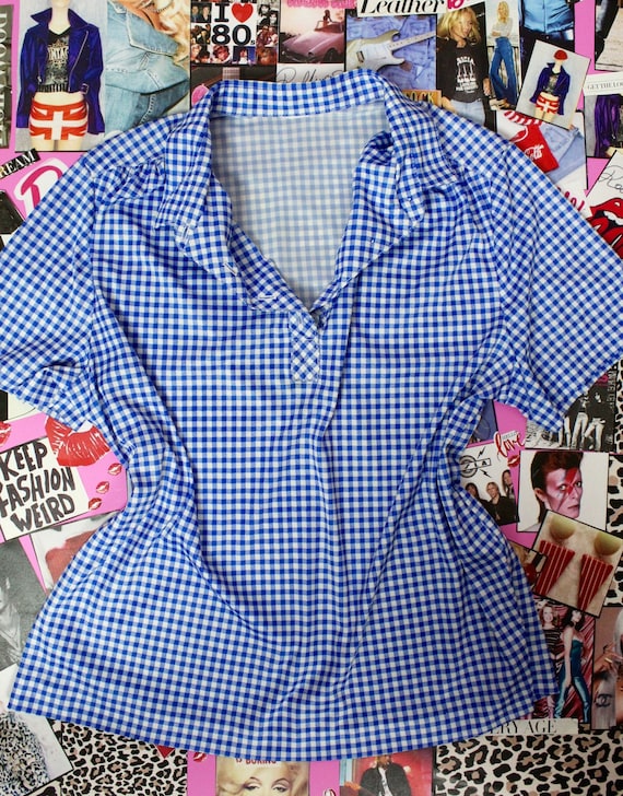 Vintage 70's Blue/White Checkered Short Sleeve - image 1