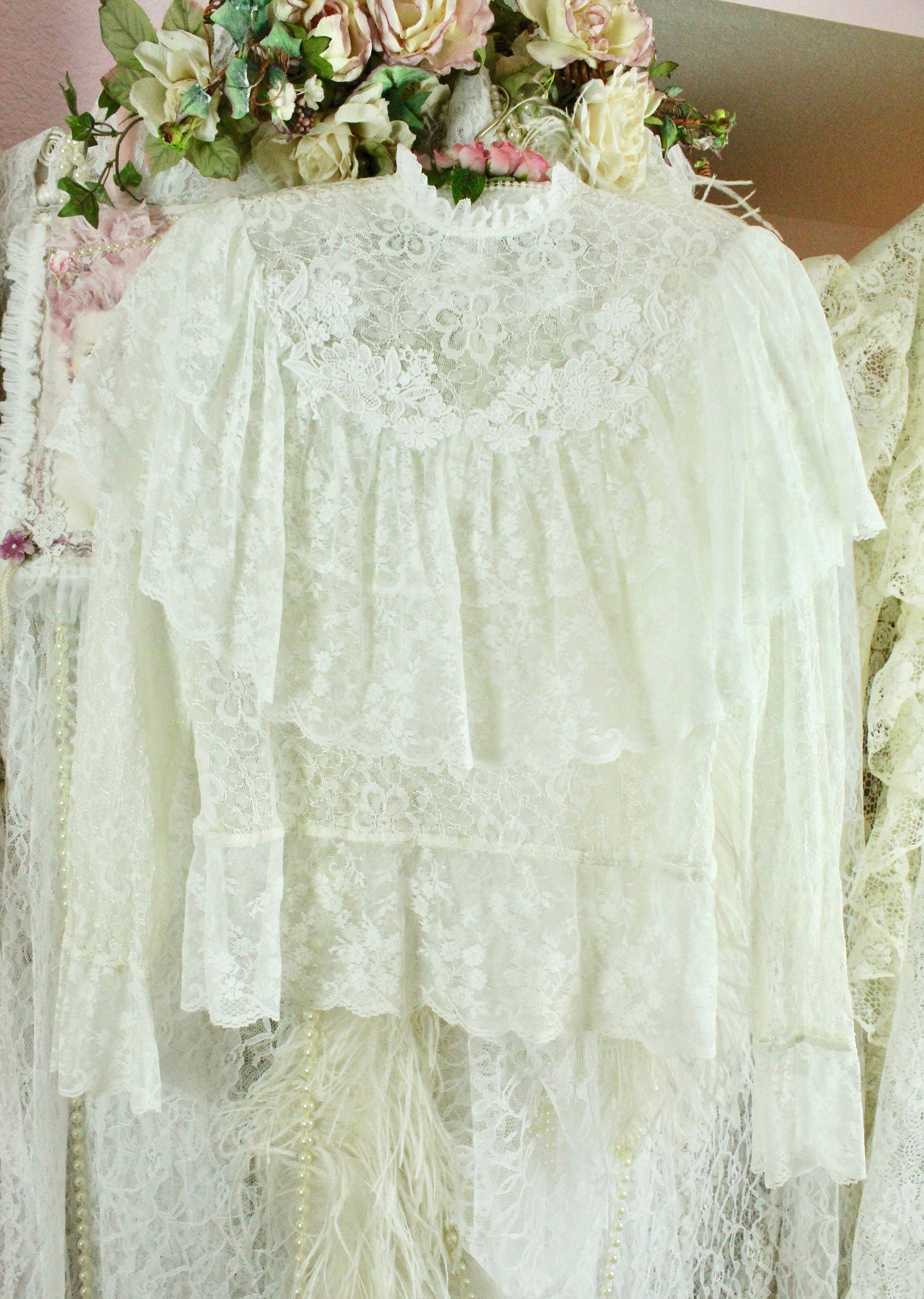 Vintage Victorian/edwardian Sheer Cream Lace Blouse, Embroidered 