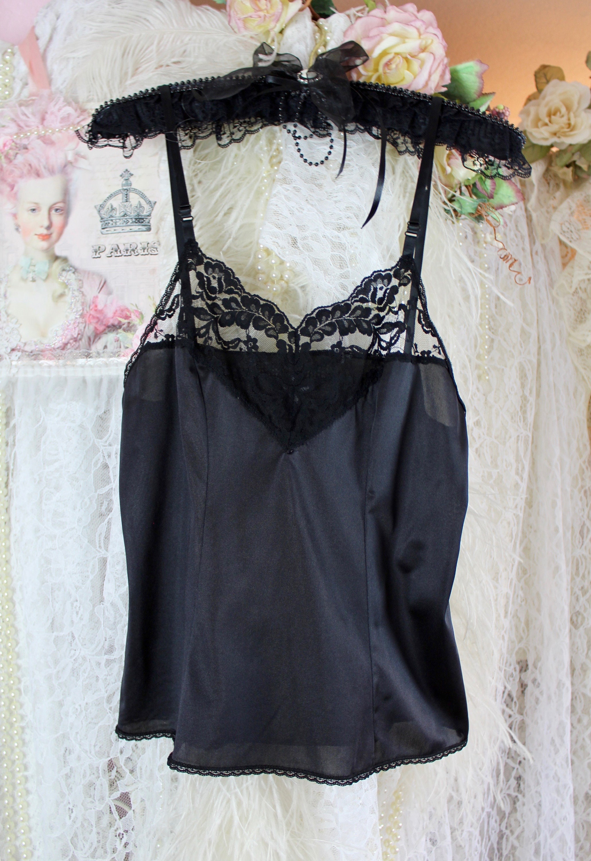 Vintage Black Vassarett Lace Camisole, V Neck Lace Cami Vintage Black Vassarett Lace Camisole, V Neck Lace Cami