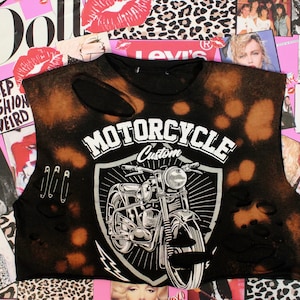 Benutzerdefiniertes Beschneidertes Motorrad T-Shirt, handgemachte gebleichte/krawattenfarbene T-Shirts, Distressed Grafik T-Shirts, Größe Medium