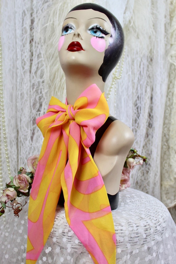 Vintage Sheer Pink/Yellow Abstract Long Scarf, Nec