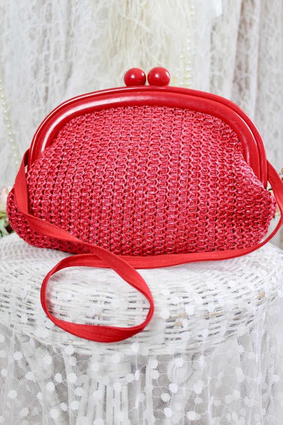 Vintage 70s Crochet Raffia Cherry Red Clutch Purse