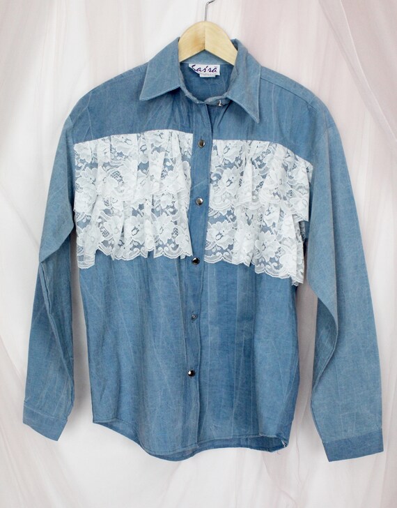 Vintage 80's/90's Sassa Western Ruffle Lace Front Denim Long
