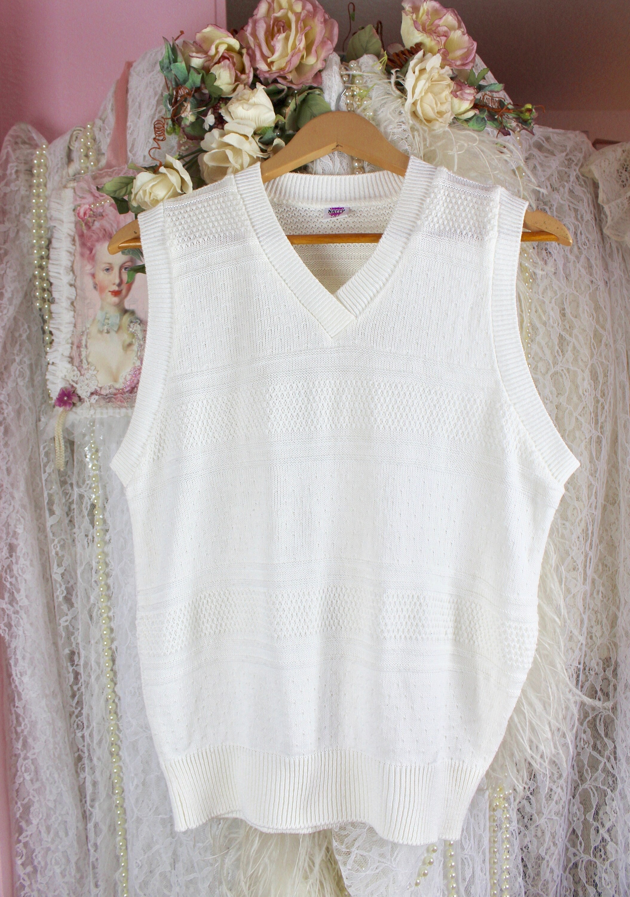 Vintage 80s 90s Creamy White Knit Sweater Vest, Cable Knit Vest, V