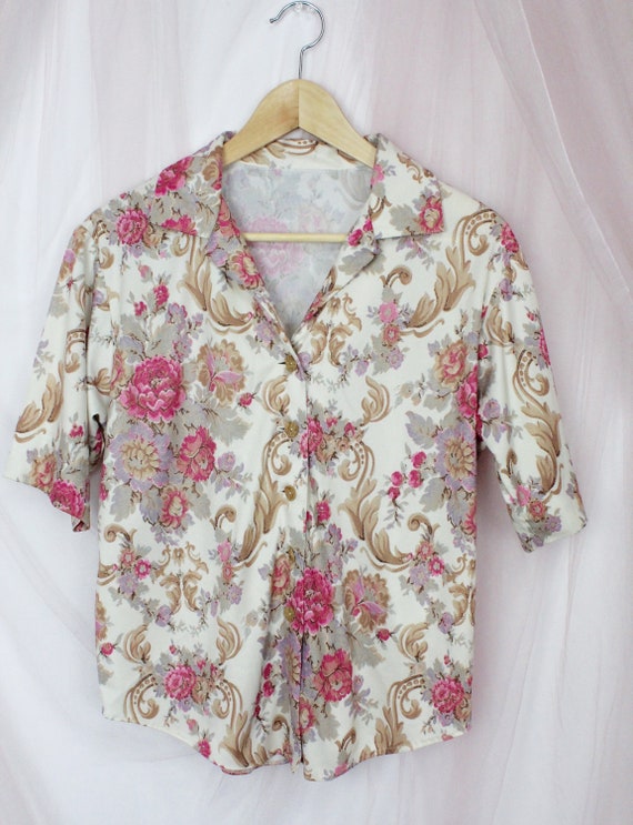 Vintage 70's Floral Print Short Sleeve Button up … - image 3