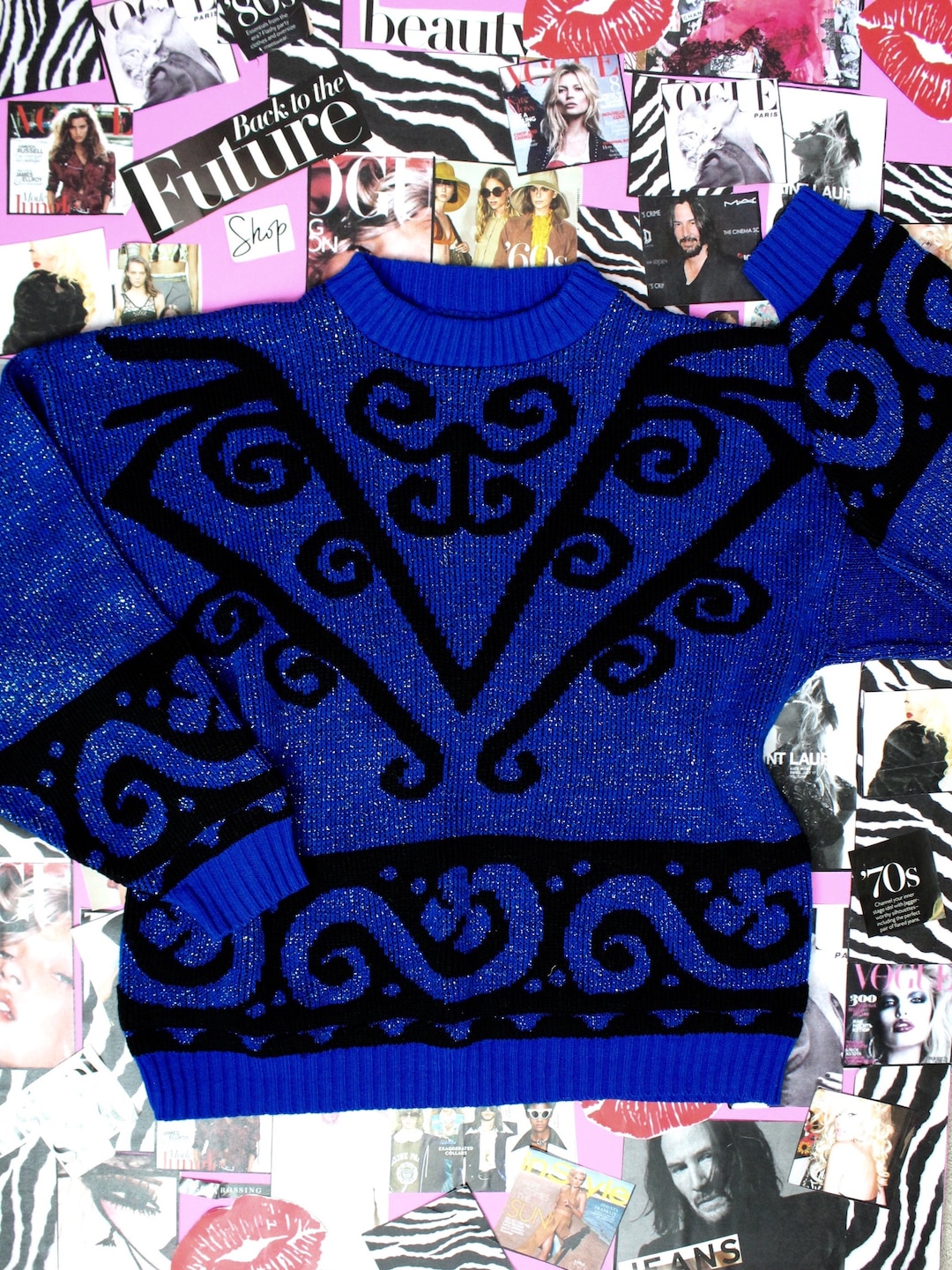Vintage Royal Blue Sparkly Sweater, Metallic Sparkly Sweater, Mod
