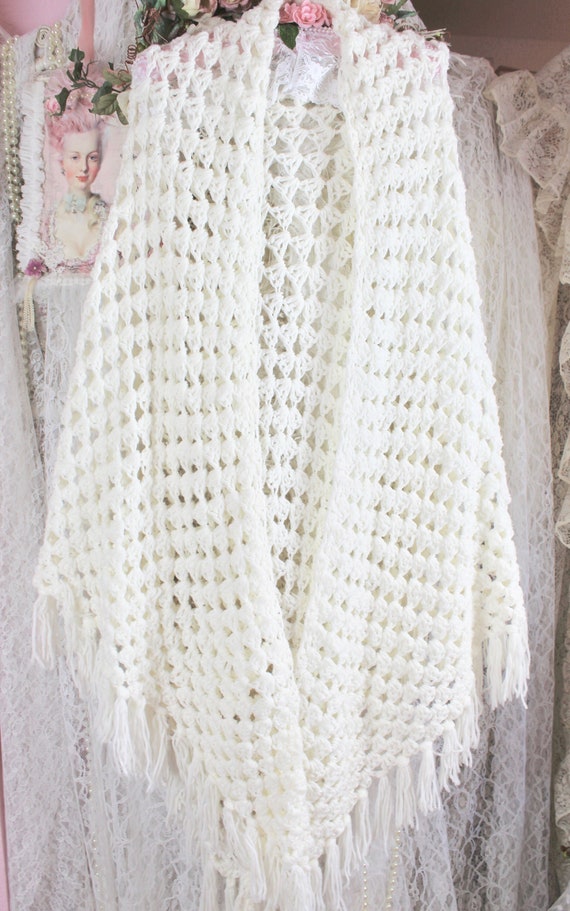 Vintage 70s Boho Cream White Crochet Long Poncho, 