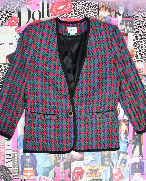 Vintage 90s Koret Colorful Checkered Blazer, VTG … - image 2