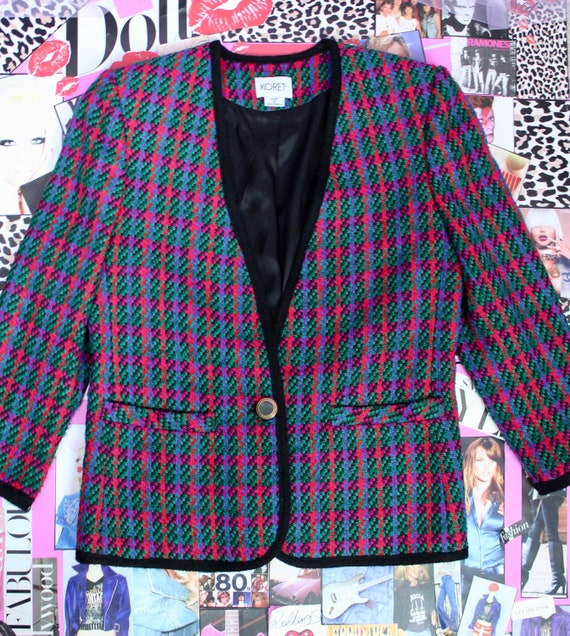 Vintage 90s Koret Colorful Checkered Blazer, VTG … - image 1