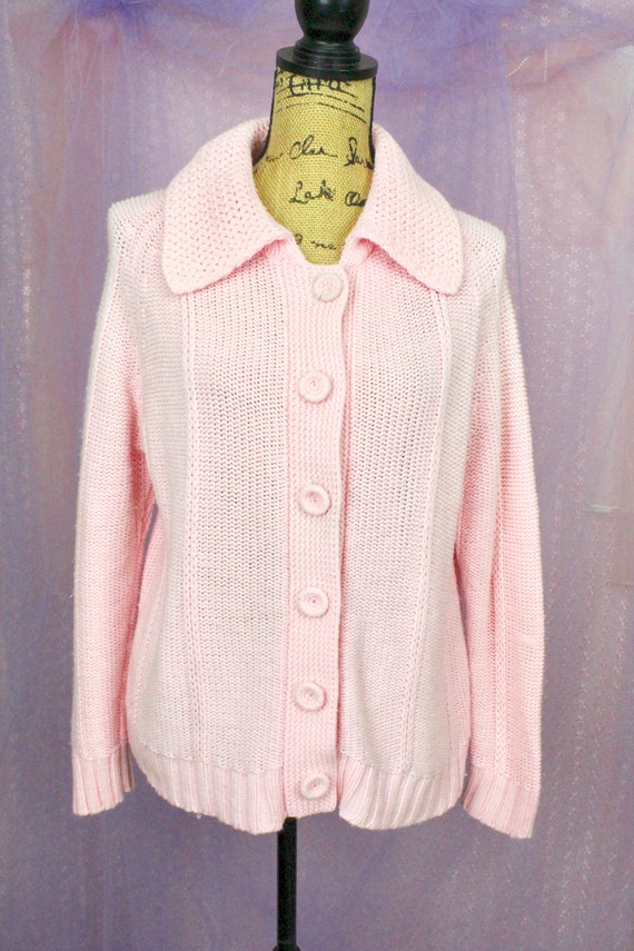 Vintage 70s Pink Knit Sweater, VTG Knit Cardigan,… - image 2