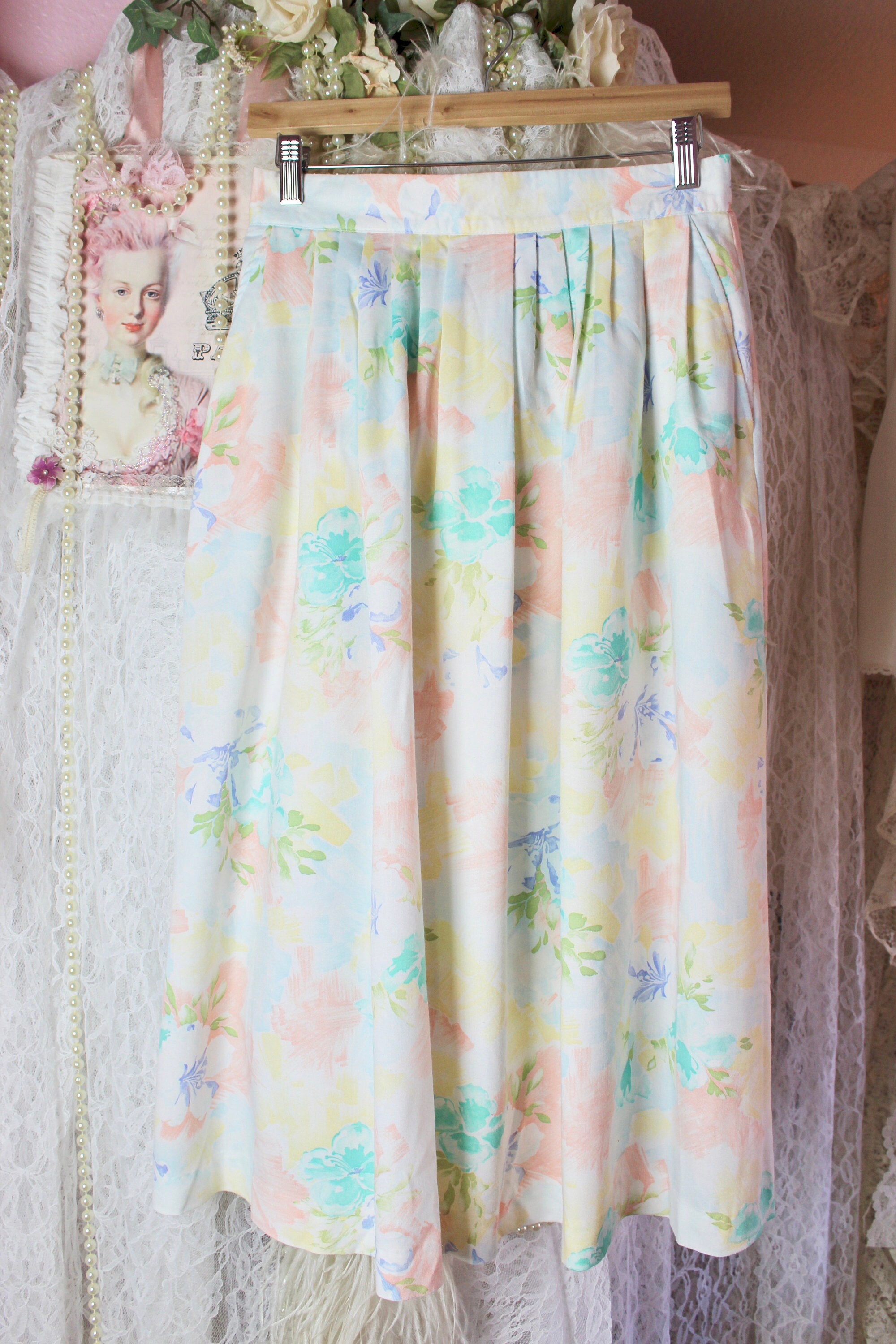 Jupe Vintage Worthington Taille 12 - Rayonne, Motif Fleurs Blanches, Occasion Bon état