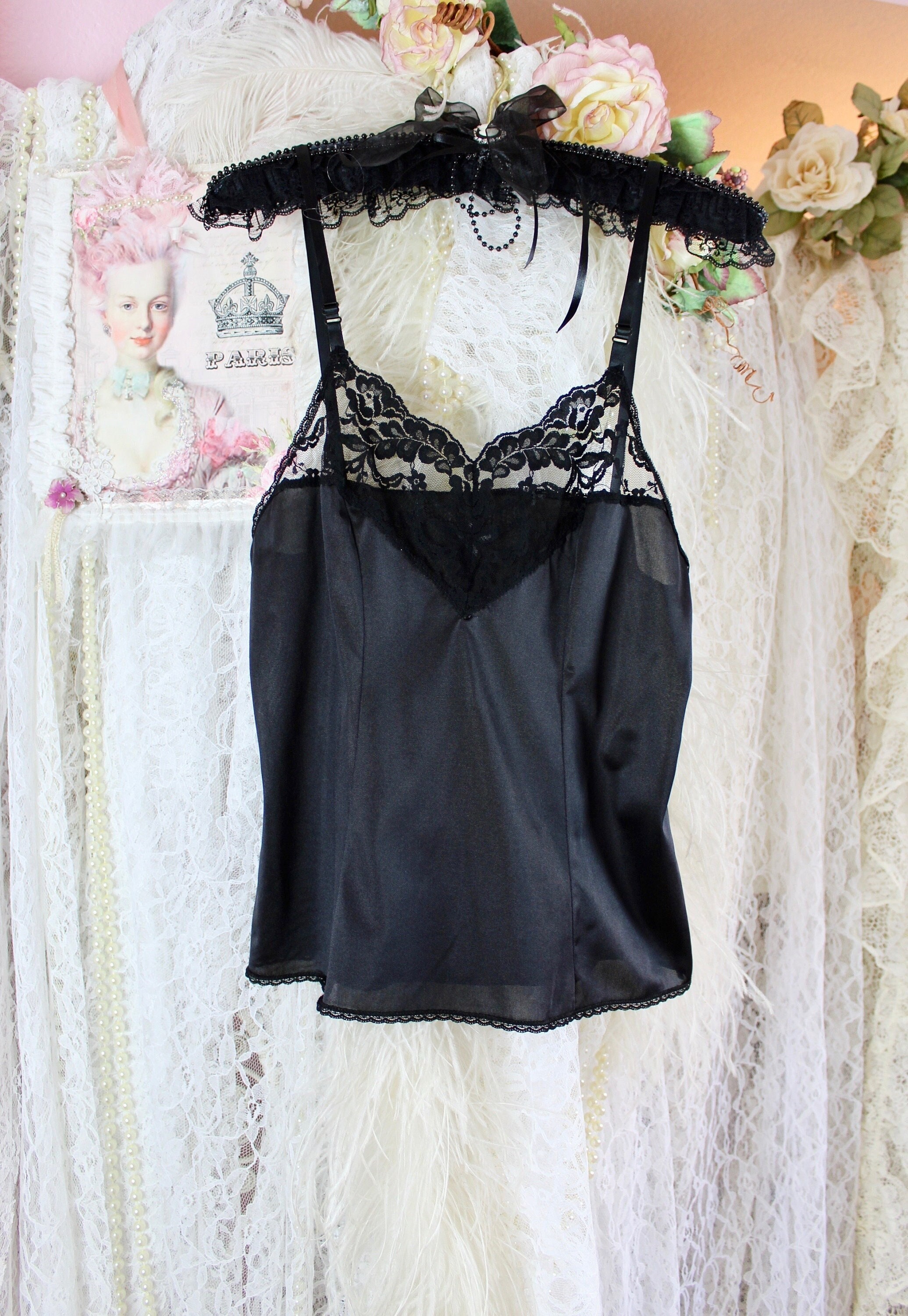 Vintage Black Vassarett Lace Camisole, V Neck Lace Cami, Adjustable Straps,  Sexy Camisoles, Silky Camisoles, Made in the USA, Size S/M - Etsy