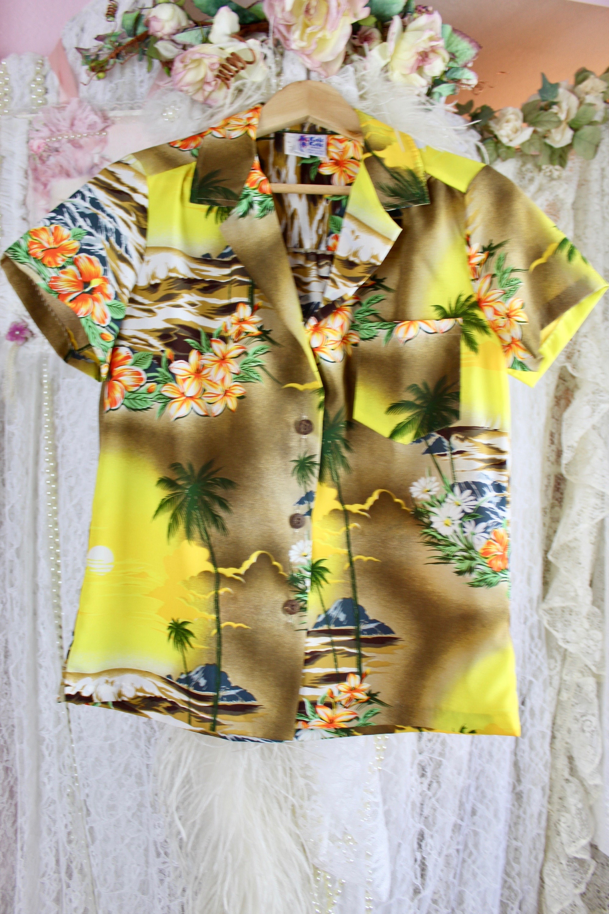 Chemise Hawaïenne Homme KOLE KOLE - Made In Hawaii - Bleu Palmiers Vintage - Taille L - Occasion TB